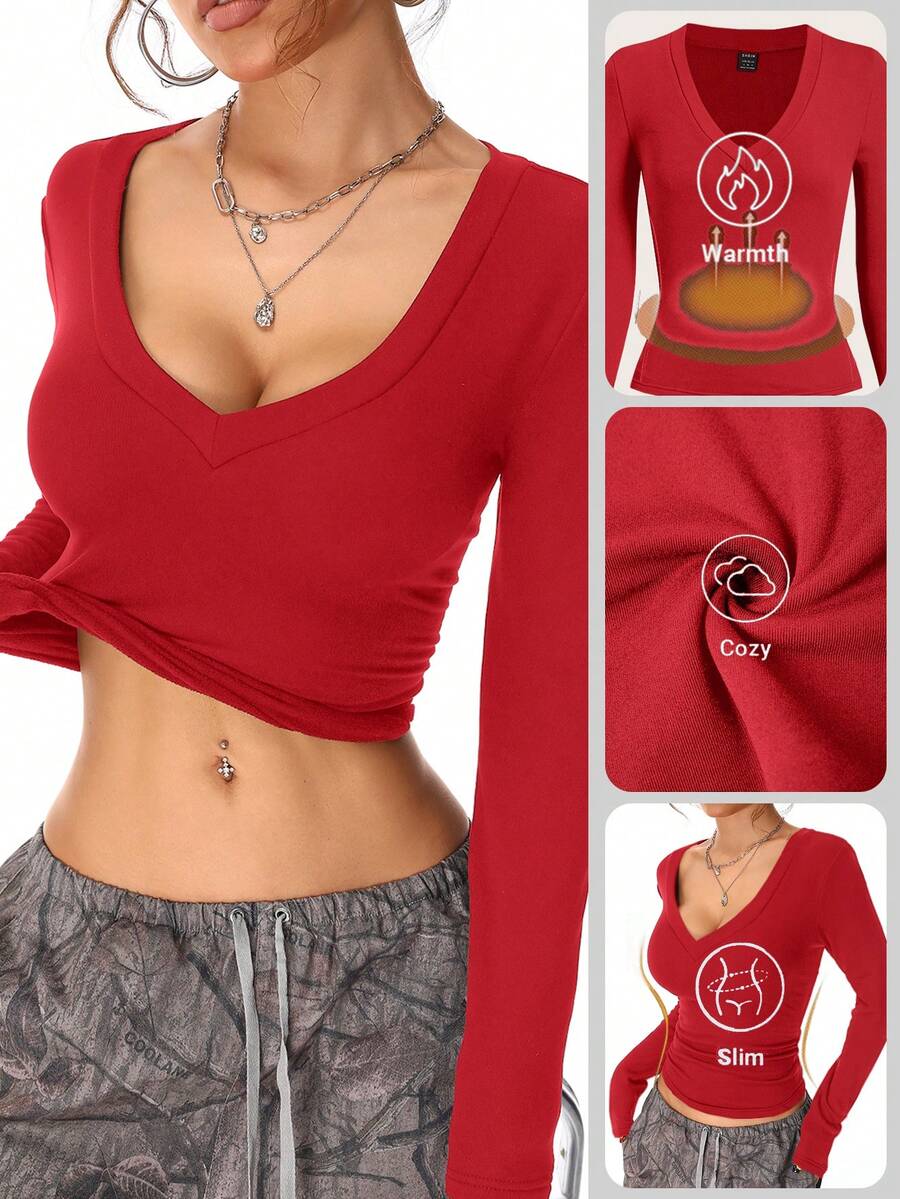 Coolane Women's Fall/Winter Casual Knit With Fleece V-Neck T-Shirt,Fall,Fall Clothes For Women,Women's Winter Clothes,Red Tops For Women, Red Crop Top Women,,New Year ,Party - Red - View 1