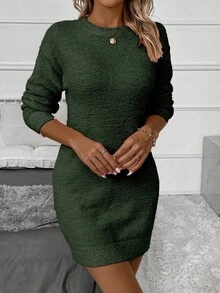 SHEIN LUNE Robe en tricot à col rond, épaules tombantes et manches longues, couleur unie, automne/hiver pour femmes - Militaire verte - Voir 4