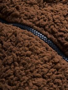 PAVTROS Plus Size Men's Casual Solid Color Fuzzy Jacket, Autumn/Winter,Men's Streetwear,Baggy.Brand,I Love My Boyfriend,Graphic,Plus Size Men,Fuzzy Warm Zip-Up Jacket - Brown - View 3