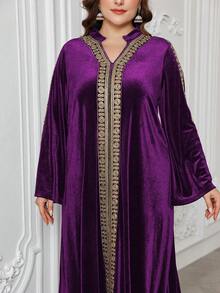 Al Najma Plus Size Muslim Women Velvet Stand Collar Elegant Luxury Party Arabic Dress, Modest Elegant Jalabiya Maxi Dresses, For Evening Party/Wedding Guest/Anniversary