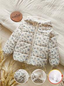 SHEIN Vintaside Kids 1件女童冬季拉链长袖数码印花羽绒服，适合户外旅行，提供充足的保暖保护，时尚实用，让小朋友在冬季探险中既温暖又时尚。 - 彩色 - 查看 3