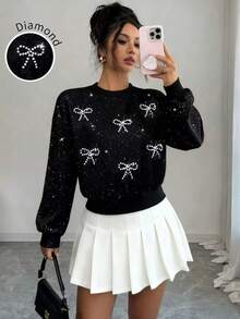 GlowEve Women's Rhinestone Bow Decor Round Neck Drop Shoulder Long Sleeve Casual Sweatshirt - Black - View 4