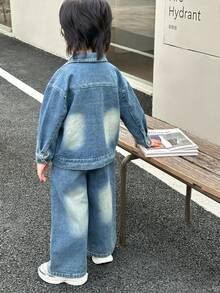 Genkimix Kids 2pcs Young Boy Casual Washed Button Front Denim Jacket And Jeans Set, Autumn