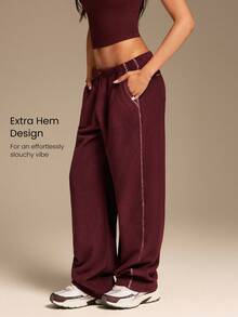 GLOWMODE 超细抓绒舒适保暖四季裤，撞色缝线口袋设计，可调节松紧腰带，宽松筒裤型，适合秋冬季户外日常休闲穿着。 - 酒紅色 - 查看 4