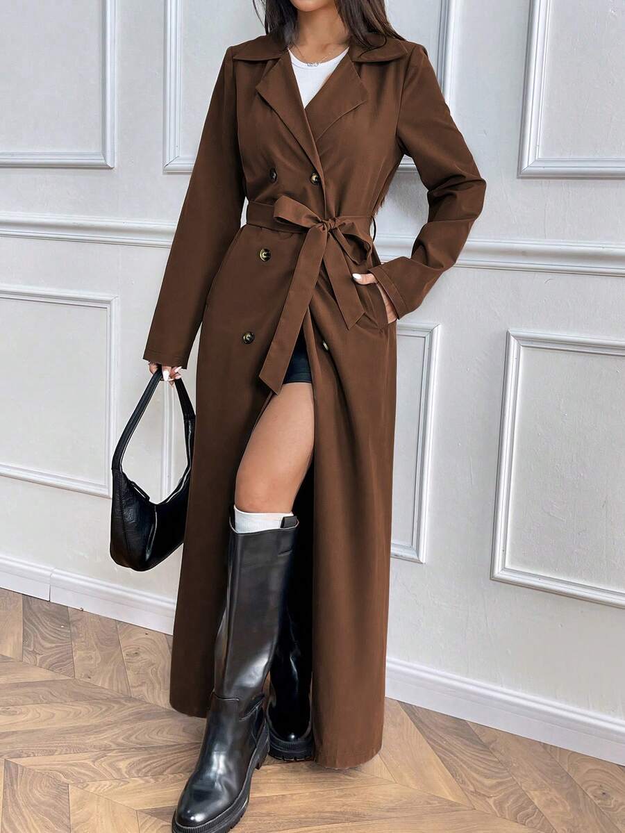EMERY ROSE 休闲时尚简约宽松长袖双排扣系带长款风衣，纯灰色，春秋冬款 - 咖啡棕 - 查看 1