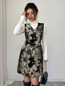 Selianne Abito mini aderente con scollo a V, senza maniche, con texture ricamata e bottoni davanti, elegante e versatile per l'ufficio, stile francese - nero - Visualizzare 7