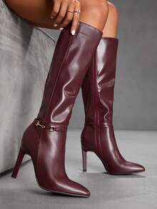 CUCCOO SZL 女士尖头细高跟金属扣勃艮第酒红色秋冬侧拉链及膝靴，简约设计，适合通勤、购物、派对 - 酒紅色 - 查看 4