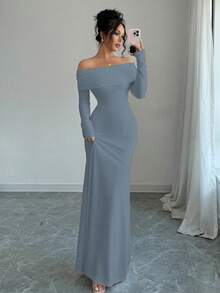 Rafferiza 性感优雅修身长袖束腰双层露肩露背扭纹鱼尾下摆罗纹针织连衣裙，白色，秋冬长款女装 - 霧霾藍 - 查看 4