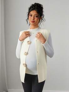 Momance Women's Fitted V-Neck Rose Gold Button Design Casual Elegant Maternity Sweater Vest, Solid Color