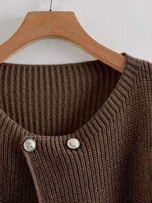 GlowEve CURVE 大码女式金属纽扣装饰纯色针织开衫，休闲百搭，适合圣诞节、万圣节、返校、度假、办公室穿着 - 咖啡棕 - 查看 4