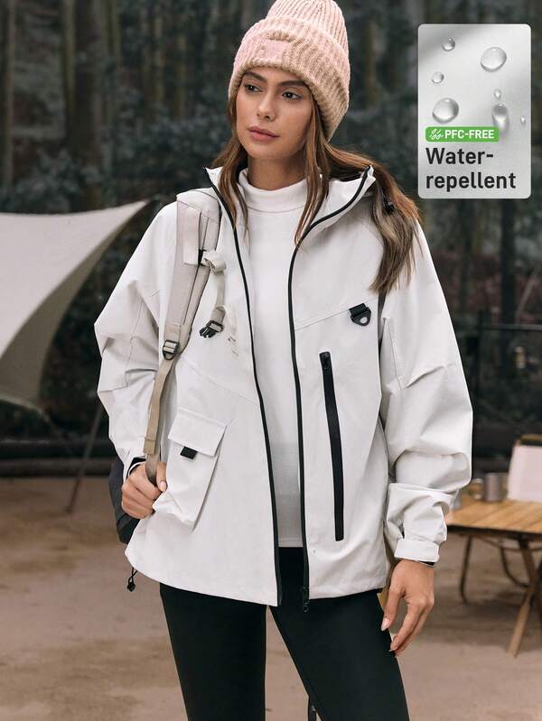 In My Nature Women's Contrast Trim Zipper Pocket Outdoor Windbreakerd Detachable Hooded  Long Sleeve Sports Jacket With Zipper Pockets, Suitable For Outdoor Activities Like Hiking, Trekking, Cycling