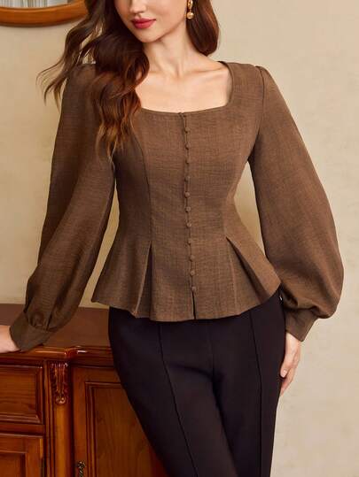 Vintamour 复古经典优雅女士衬衫，秋冬修身方领衬衫裙式上衣，长袖棕色纽扣衬衫