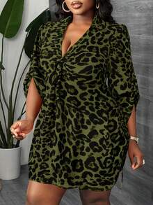 Slaydiva Đầm ngắn tay dài, ôm sát, họa tiết da báo, xếp ly, xoắn phía trước, eo rút, dành cho nữ cỡ lớn, thanh lịch, thoải mái, đi làm, dự tiệc và hẹn hò, gợi cảm, thích hợp cho mùa xuân/thu. - Màu xanh lá cây đậm - Xem 1