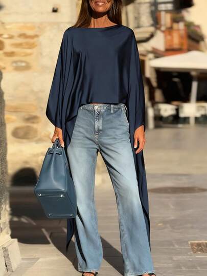 SHEIN LUNE بلوزة حريرية طويلة غير متماثلة الأطراف، كاجوال