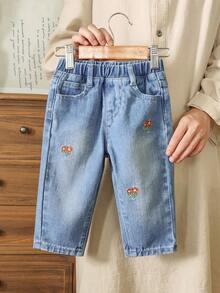 Vintaside Kids Baby Girl Casual Washed Floral Embroidered Denim Jeans - Dark Wash - View 1