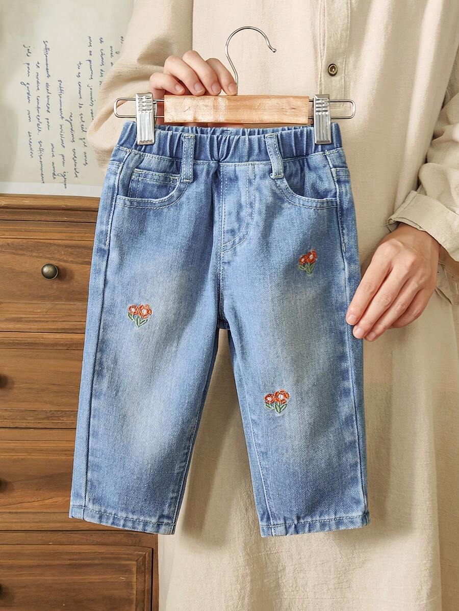 Vintaside Kids Baby Girl Casual Washed Floral Embroidered Denim Jeans - Dark Wash - View 1