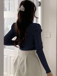 DAZY French Peter Pan Collar Base Layer Sweater For Women, 2 In 1 Puff Sleeve, Autumn/Winter - Navy Blue - View 2