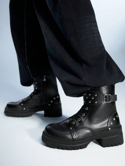 Sugerpunk Damskor med mörk punkrock och snörning i läder, gotiska platåstövlar med tjock sula, street riddarstövlar och korta stövlar