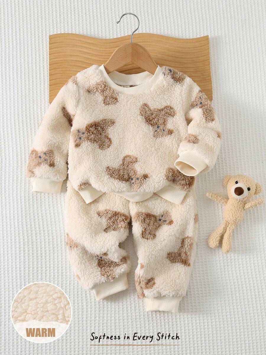 Cozy Pixies 2 Peças Conjunto de Pijama de Pelúcia com Urso de Desenho Animado para Menino, Moletom Térmico com Forro e Estampa Gráfica Branca de Outono para Família & Calça de Inverno com Cintura Elástica, Roupa de Teddy