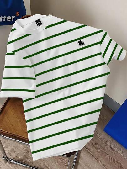 Claim Dot Men's Striped Horse Print Short Sleeve Casual T-Shirt