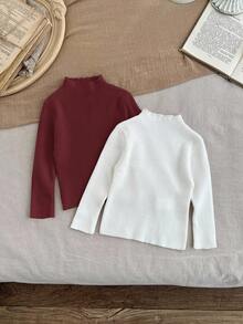 SHEIN LMoss Kids LMoss 多件装女婴高领长袖修身套头毛衣 - 紅色 - 查看 4