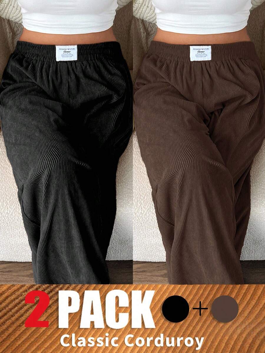 SHEIN EZwear 大尺碼女款純色彈性腰燈芯絨休閒工裝寬鬆直筒長褲,秋季居家穿著,黑色巧克力棕,度假晚裝 - 彩色 - 查看 1