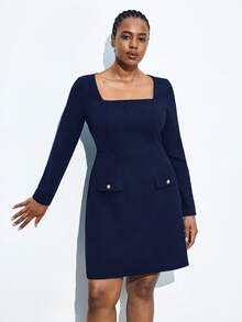 Maija Plus Size Women's Solid Color Square Collar Vintage Elegant Long Sleeve Dress, Suitable For Urban Commute, Business, Casual, Christmas, New Year Party Navy Blue Plus Size Dress Square Neck Dress Long Sleeve Dress Plus Dress With Pockets Curve Blazer Dress Plus Size - Navy Blue - View 5