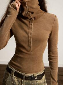 Easelle Camiseta Ajustada de Gola Alta com Meia Abertura, Cor Sólida Simples para Uso Casual e Diário, Outono/Inverno