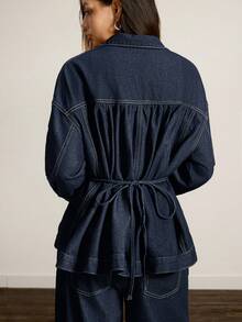 Easelle Women's Fashionable Button-Down Denim Jacket, Belted Waist Denim Top Set Paired With Trousers In Washed Blue And Dark Blue. - Dark Wash - View 2