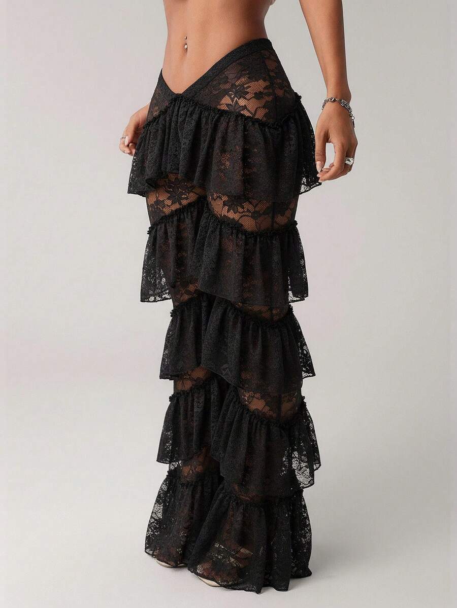 SHEIN ICON Y2k 女式 V 字前腰西部派对分层荷叶边下摆蕾丝低腰长裤 - 黑色 - 查看 1