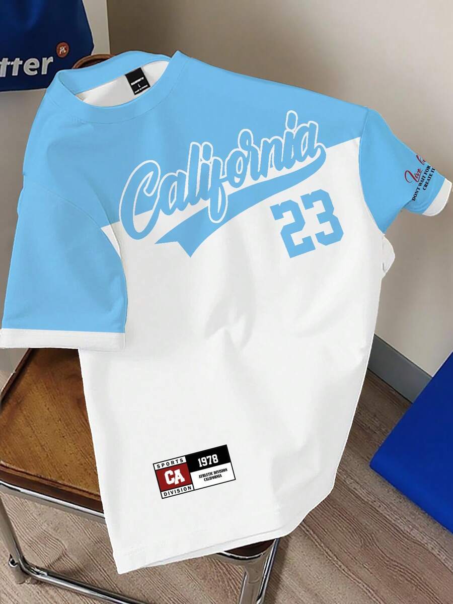Manfinity Hypemode California 23 Blue + White Contrast Color Block Retro American Style Graphic Crew Neck T-Shirt, Casual Unisex Student Tee, American Print Couple Tee - Multicolor - View 1