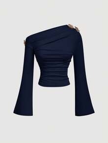 SHEIN MOD 藏蓝色斜肩领女式T恤，时尚通勤之选 - 藏蓝色 - 查看 3