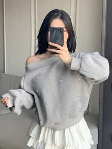 DAZY Women's Rhinestone Embellished Off Shoulder Long Sleeve Sweatshirt, Solid Gray, Suitable For Autumn/Winter, Christmas & New Year - Grey - View 6