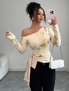 Elenzga 大码女式箔肩不对称下摆长袖时尚T恤 - 杏色 - 查看 5