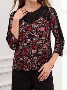 Miaspire Women's Lace Floral Print Patchwork Round Neck 3/4 Sleeve Elegant Blouse Vacation Spring Summer - Multicolor - View 7