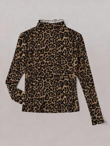 SHEIN EZwear 大码女式休闲豹纹印花卷边袖口和领口长袖T恤，秋冬 - 彩色 - 查看 3