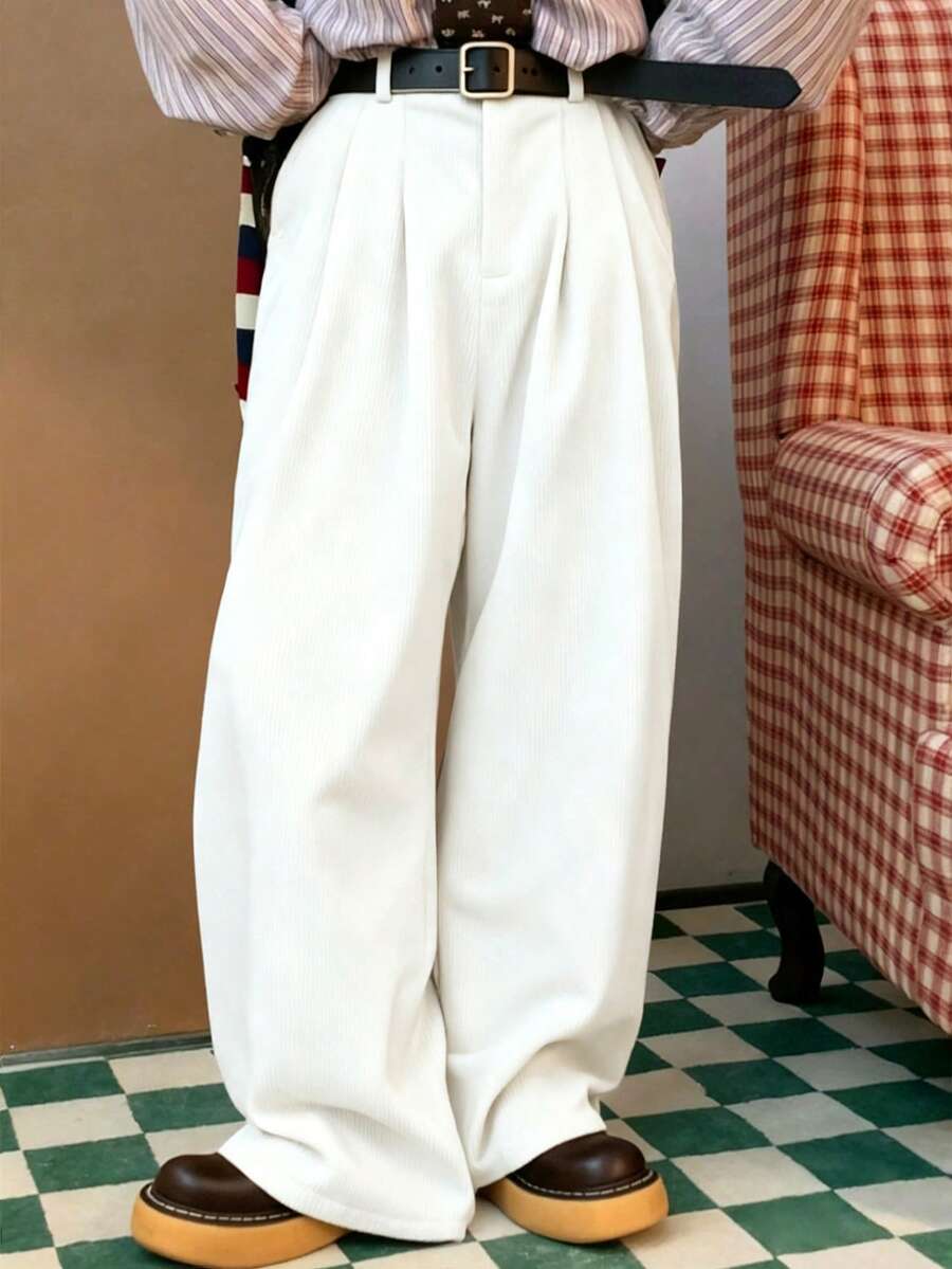 STEELVANCE 宽松男士斜插口袋阔腿灯芯绒裤（无腰带）