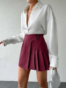 EURMUSE Women's Wrap Around Striped Pleated Versatile Skirt - Burgundy - View 5