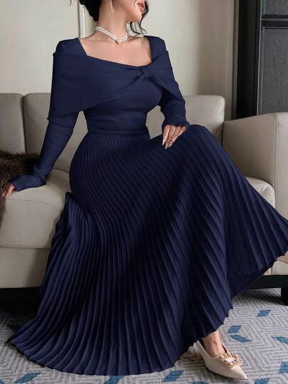 DAZY فستان كنزة صوفية أنيق بلون أحادي ذو ياقة مربعة غير متماثلة، خريفي رمضان