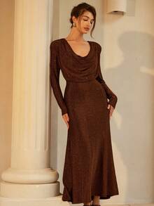 GENKIRA Brown Glitter,Autumn,Elegant,Dinner French Retro Palace Knitted Metallic Yarn Plunging Neckline Loose Wide Hem Dress With Lining,Shoulder Pads - Burgundy - View 5