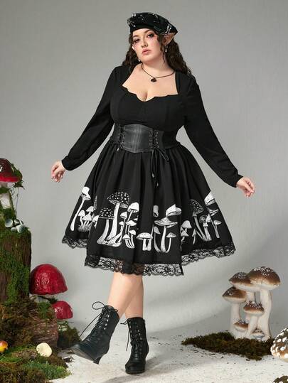 Goth Plus Size Women Dark Mushroom Print Lace Patchwork Waist Cinched Dress