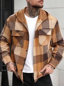 Manfinity CasualCool Men's Casual Plaid Linen Button Hoodie Shirt Earthy Clothes Men Men Shacket Men Flannels Brown Jacket Men Plaid Jacket Men - Coffee Brown - View 1