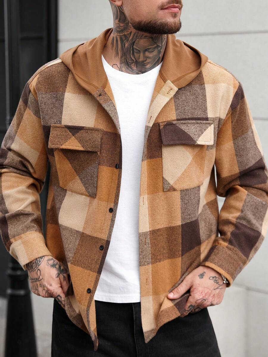 Manfinity CasualCool Men's Casual Plaid Linen Button Hoodie Shirt Earthy Clothes Men Men Shacket Men Flannels Brown Jacket Men Plaid Jacket Men - Coffee Brown - View 1