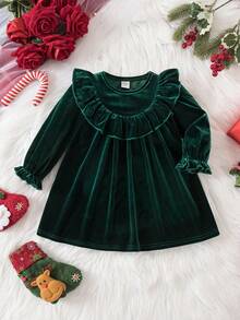 Elegant Velvet Green Ruffle Trim Long Sleeve Dress - Green - View 6