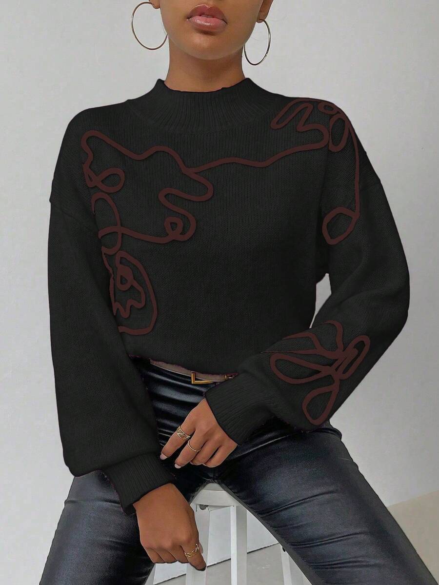 SHEIN LUNE 女士休闲 3D 图案毛衣,秋冬 - 黑色 - 查看 1