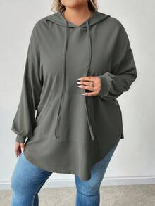 SHEIN CURVE+ 大码纯色连帽抽绳不对称下摆卫衣 - 淺灰色 - 查看 5