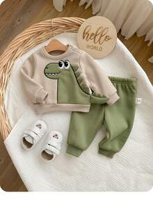 Newborn Baby Boy/Girl Cute Cartoon Pattern Long Sleeve Sweatshirt Set, Casual For Autumn/Winter - Multicolor - View 6