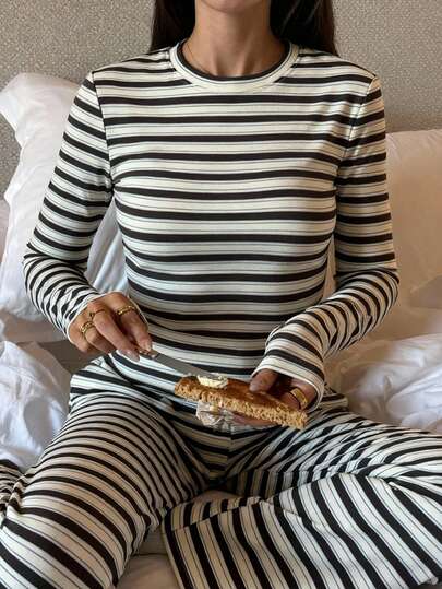 Livesso مجموعة ملابس منزلية كاجوال مكونة من قطعتين مخططة، خريف/شتاء