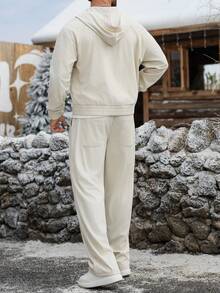 Manfinity CasualCool 男士纯色落肩长袖拉链休闲连帽衫套装 - 卡其色 - 查看 2