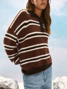 Nöista Women's Brown Stripe Plush Polo Sweater,Vintage Autumn Casual School Back-To-School Look,Warm Soft Winter Striped Knitwear,Versatile Cozy Styling - Multicolor - View 1